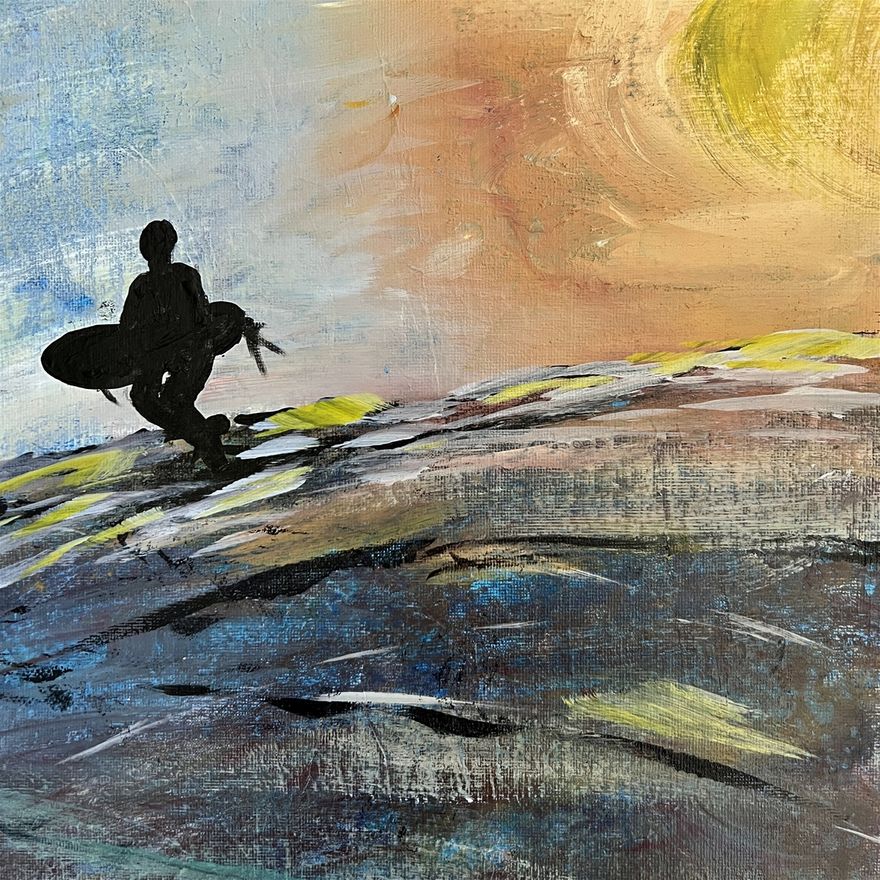 Over the Dunes   Surfer going for sunset ride 12 x 12 acrylic on canvas