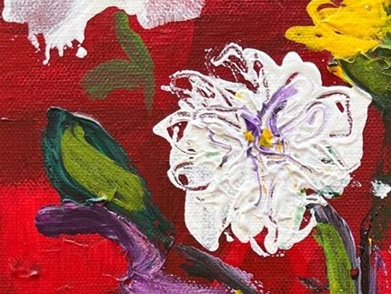 Textured flowers on red background 14 x 11 on canvas $99.00